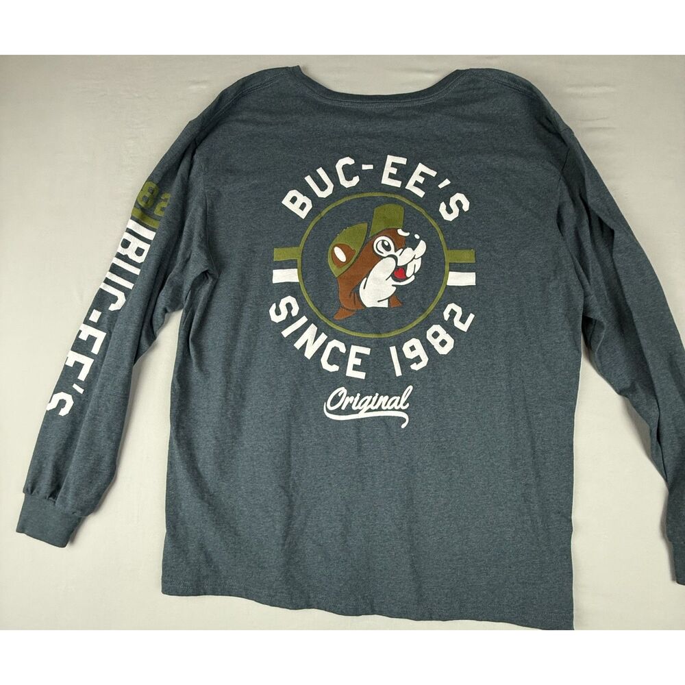 Buc-ee's Original Men's 2XL Long Sleeve Graphic T-Shirt Heather Blue Beaver Logo